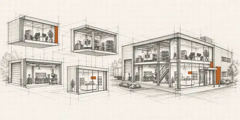 Bleistiftzeichnung eines modularen Geschäftshauses mit Büro, Werkstatt, kleiner Produktion und Showroom