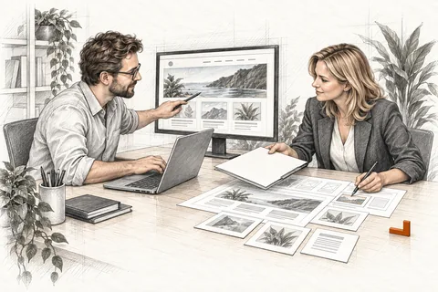 Ein Kunde und eine freiberufliche Fachperson stimmen eine Website gemeinsam ab
